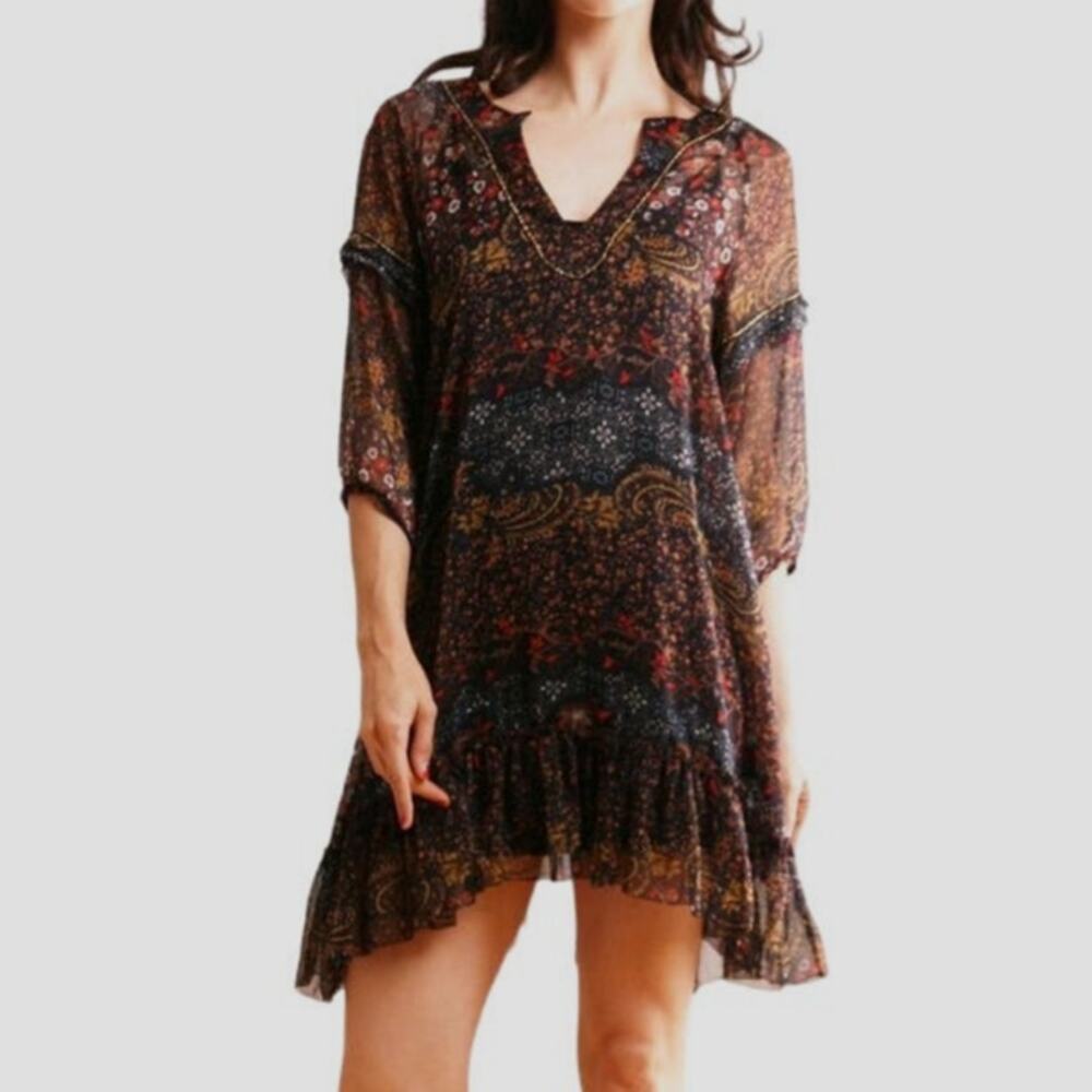 PATTERSON J. KINCAID Printed Chiffon Sheer Tunic Dress Black Multicolor Size XS
